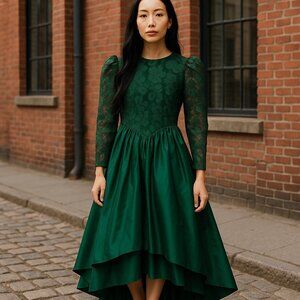 Vintage Formal Party Dress Girl's 12 Green Taffeta Tulle Hi Lo Zipper Tie Back